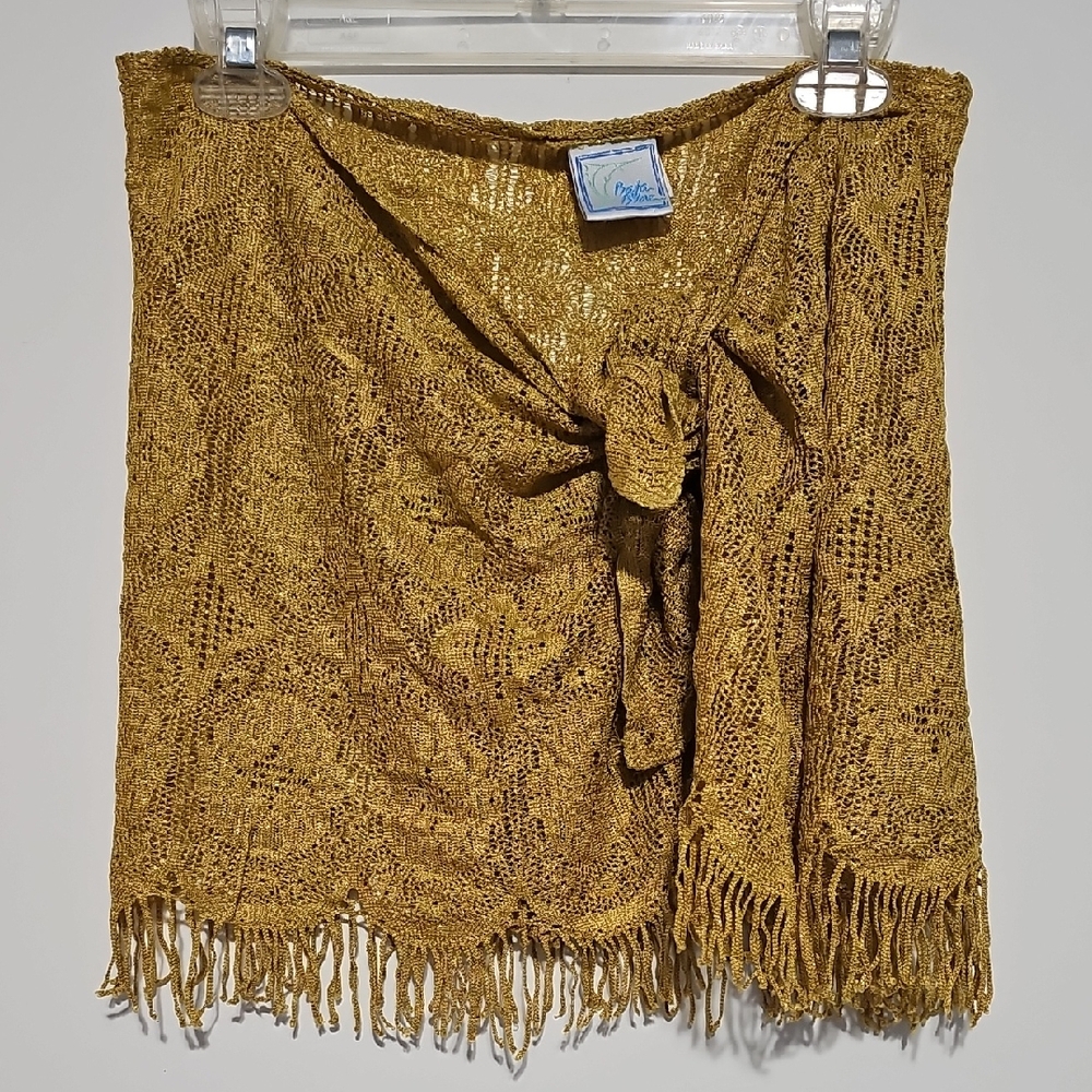 Vintage Baja Blue Gold Crochet Fringe Skirt Sarong Bathing Suit Coverup Large